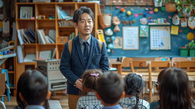 Photo a man stands in front of a group of children