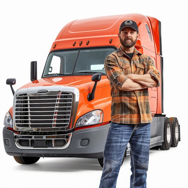 A man stands in front of a large orange semi truck