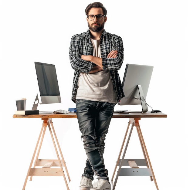 A man stands in front of two computer monitors one of which is turned off