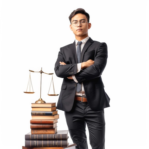 A man in a suit stands in front of a stack of books and a scale