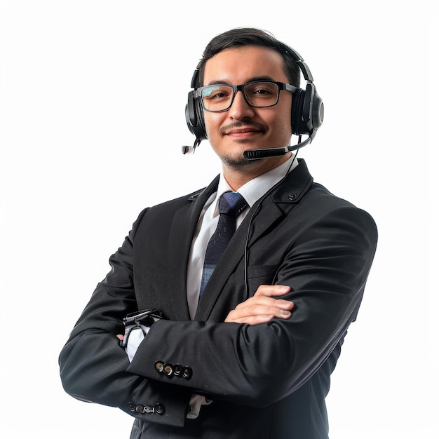 A man in a suit and tie is wearing a headset and smiling