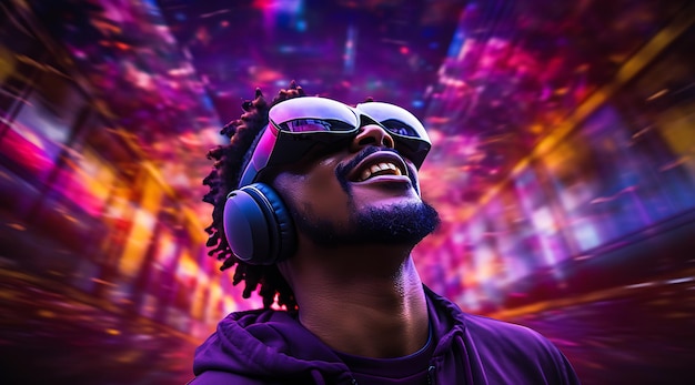 a man in virtual reality that is wearing headphones