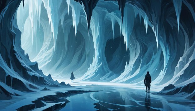 Photo a man walks in a frozen ice cave with a man walking in the ice