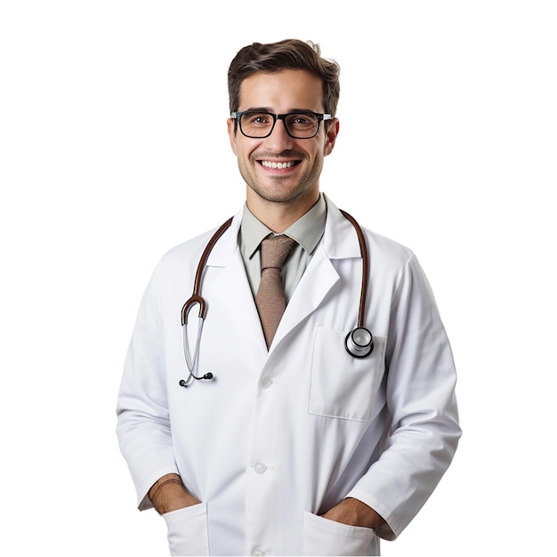 a man wearing glasses and a white lab coat with a stethoscope around his neck