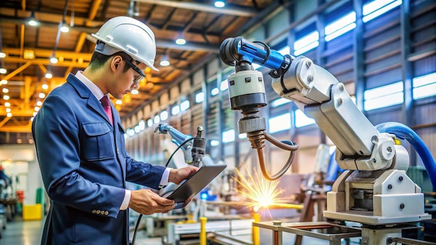 Photo a man in a white hard hat is looking at a device with a blueprint