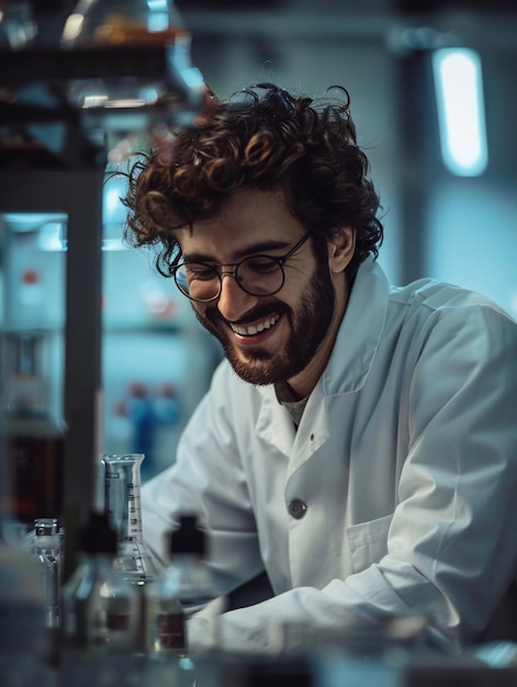 A man in a white lab coat is smiling at the camera while sitting in front