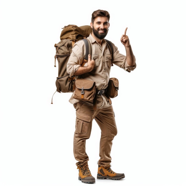 A man with a backpack and a beard is pointing to the sky