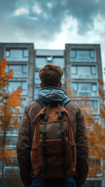 Man With Backpack Standing in Front of a Building