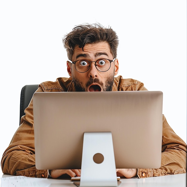 a man with a beard is looking at a laptop with a large hole in the back