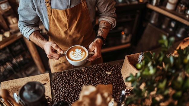 Photo a man with a tattoo on his arm is holding a cup of coffee