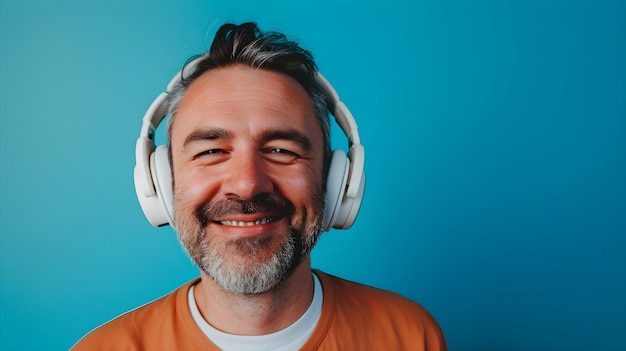 a man with white headphones on his head is wearing a orange shirt