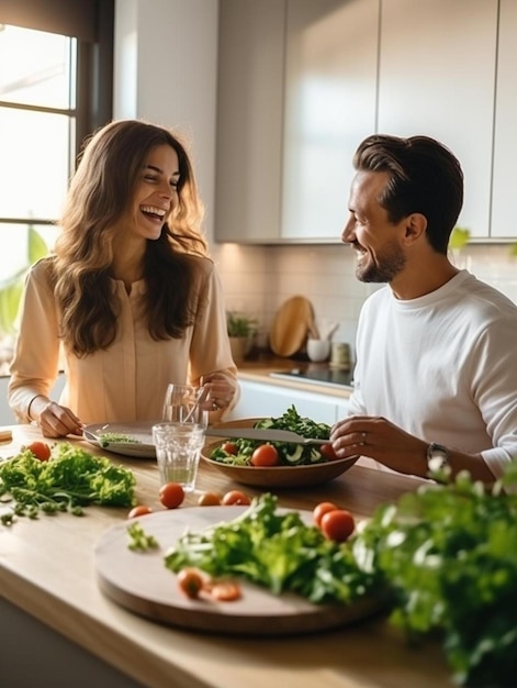 男性と女性がキッチンで料理をしています