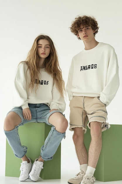 Photo a man and a woman are sitting on a stool and the girl is wearing a white sweatshirt with the letters