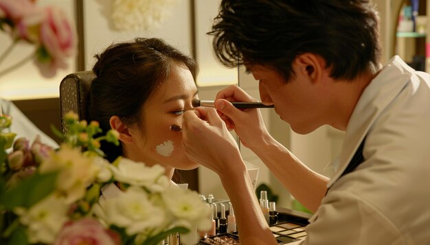 Photo a man and woman brushing their teeth in front of a mirror