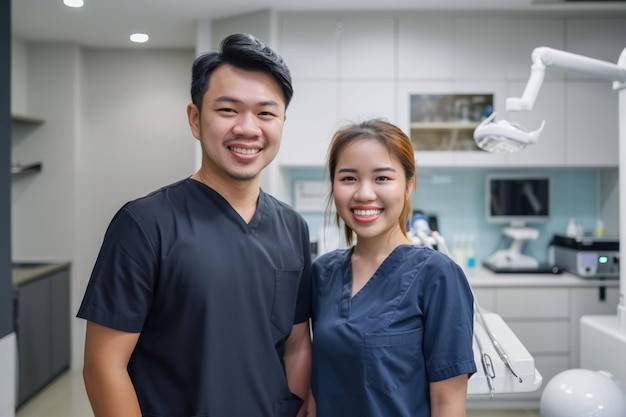 Foto un uomo e una donna che posano per una foto in un ufficio dentistico