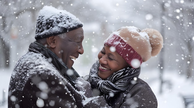 a man and woman smile in the snow