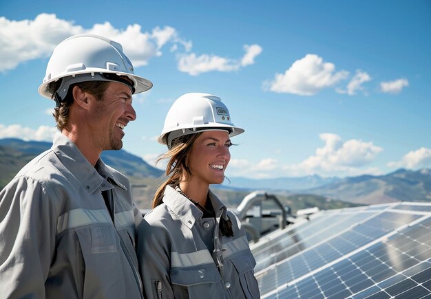 Photo a man and woman wearing hard hats stand in front of a solar panel