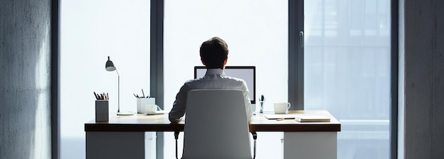 Photo a man working at a desk in front of a window