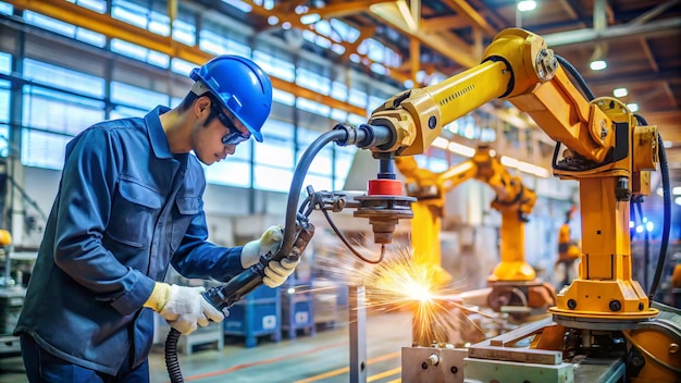 Photo a man working on a machine with a blue helmet and a blue hard hat