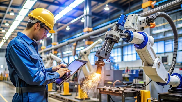 Photo a man in a yellow hard hat is using a laptop in a factory