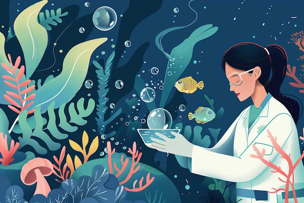 Photo marine biotechnologist illustration style scene