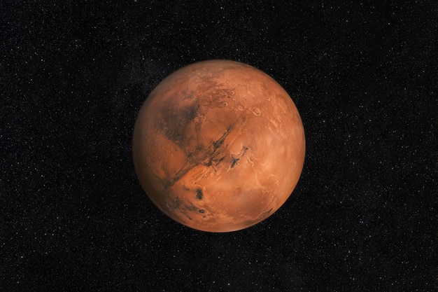 Mars planet on a starry sky in space. travel to new land mars with stars.