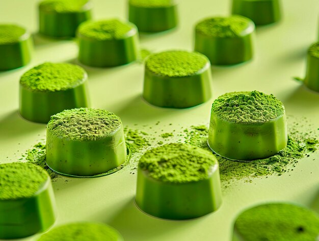 Photo matcha equally spaced on a light background isometric angle macro shot highly saturated colours advertising style high flash