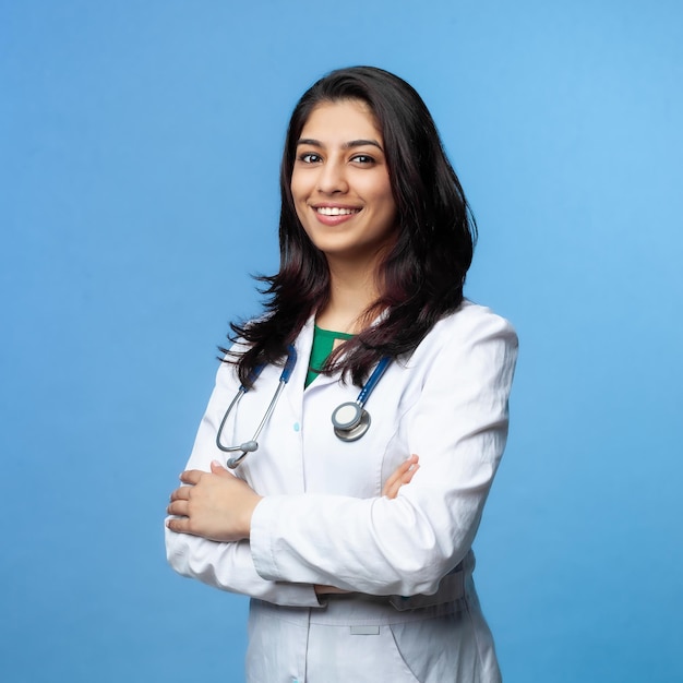 Medical concept of Indian beautiful female doctor in white coat with stethoscope, waist up. Medical student. Woman hospital worker looking at camera and smiling, studio, blue background