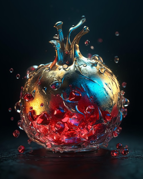 Melting liquid metal pomegranate halfcut made of silver and carnival glass Generative AI