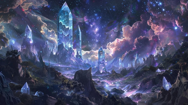 Photo a mesmerizing fantasy landscape featuring glowing crystals amidst a surreal night sky creating a magical otherworldly atmosphere