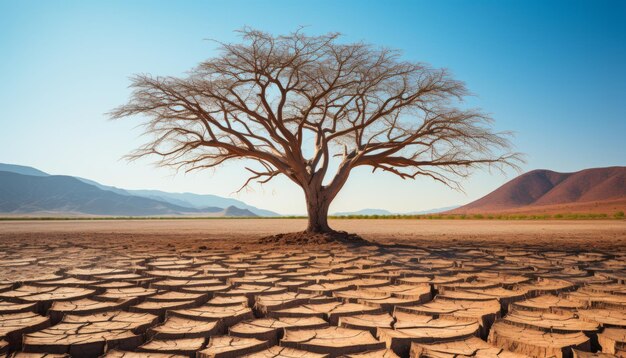 Photo metaphorical representation of drought and climate change lifeless trees on cracked earth