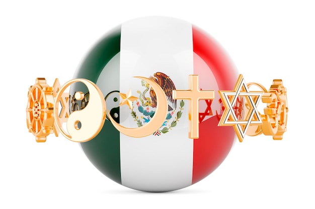 Mexican flag painted on sphere with religions symbols around 3D rendering