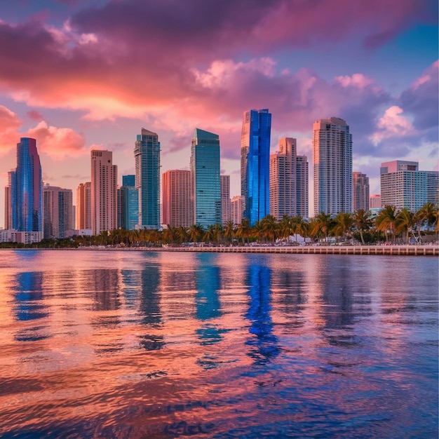 Photo miami florida skyline with sunbeams shining through the skyscrapers