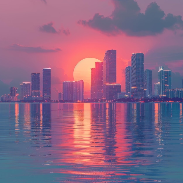 Photo miami skyline in retrowave pastel colors against warm sunset