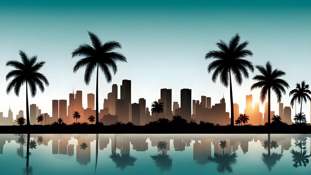 Photo miami skyline silhouette with palm trees for tropical urban theme