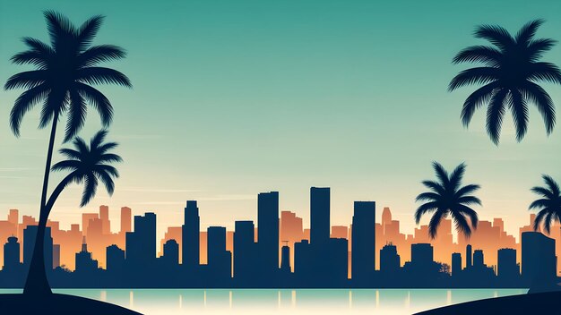 Photo miami skyline silhouette with palm trees for tropical urban theme