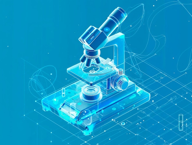 Photo microscope visualization with augmented reality transparent microscope in studio drawing in blue colors big pharmaceutical lab with specialists conducting biotechnology research developing