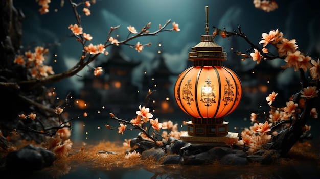 Photo mid autumn festival with paper lantern in dark night