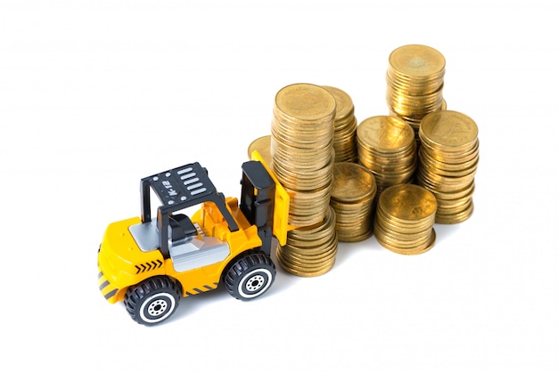 Mini forklift truck loading stack coin with steps of gold coin