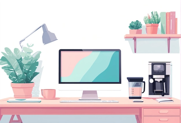 Photo minimal illustration of home office in pastel summer colors coffee machine aside two laptops on the shelves white background pixar art style