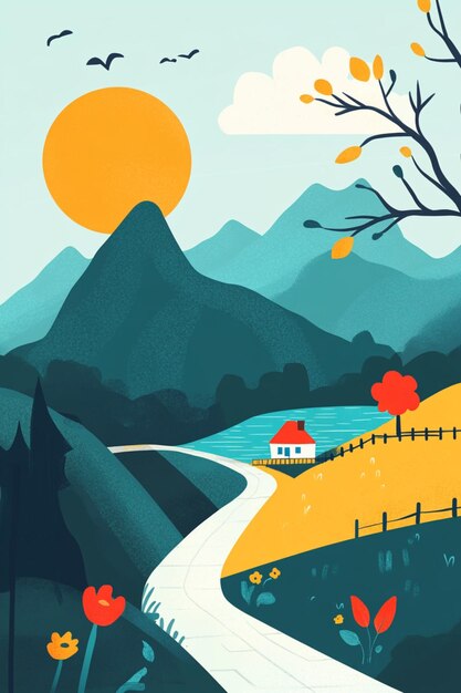 Photo minimal landscape featuring nature and basic elements like sun tree river and house