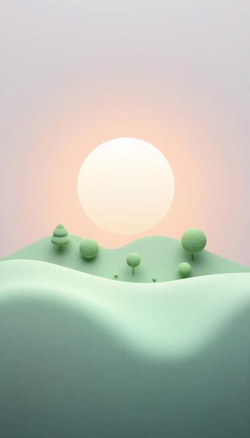 Photo minimalist 3d illustration of a green hill with a white sun and small trees