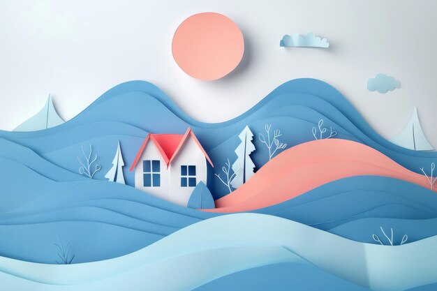 Photo minimalist cut paper illustration of a cozy house in a serene winter landscape with abstract design elements