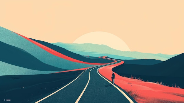 Minimalist Cycling Wallpaper with Winding Mountain Road and Determined Rider Pedaling Towards Serene Sunset Landscape