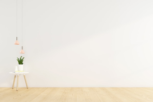 Photo minimalist empty room with side table on the white wall and hanging lamp. 3d rendering