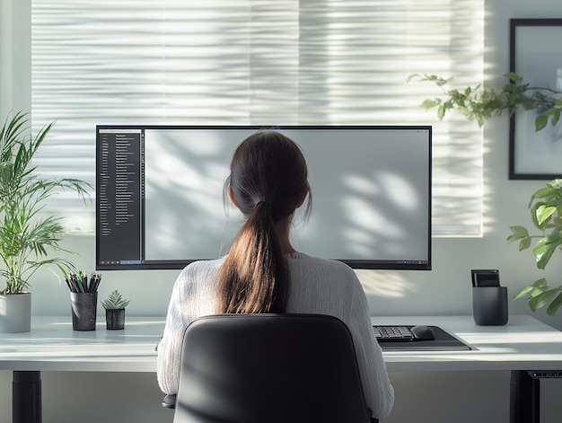 Photo minimalist home office with large monitor and natural light