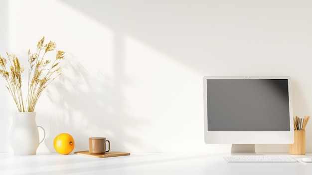 Photo minimalist white desk workspace with computer dried flowers and orange