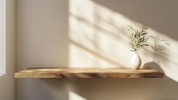 Foto scaffale in legno minimalista con pianta in vaso e luce solare