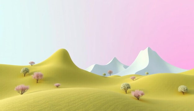 Photo minimalistic desert landscape with trees and white mountains under a pink and blue sky