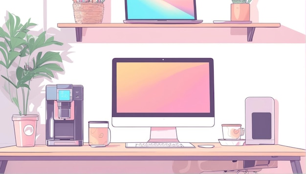 Photo a minimalistic illustration of a home office in pastel summer colors the computer is on the desk the coffee maker is out of the way two laptops on the shelves